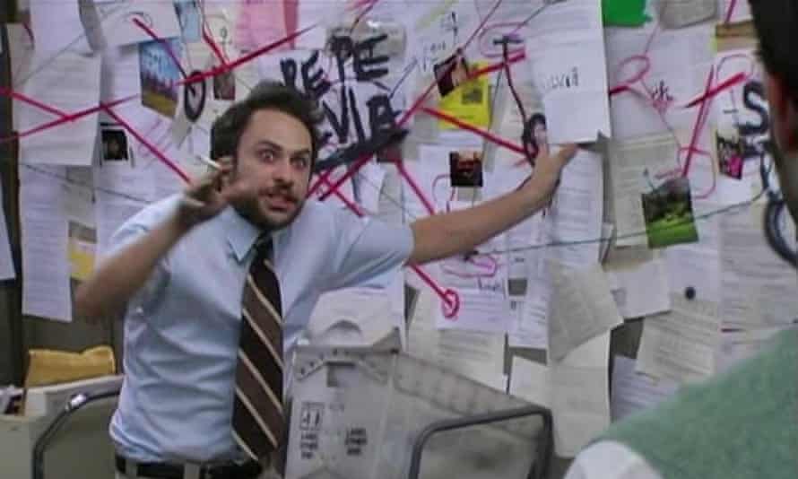 Meme of Charlie's conspiracy theory board from It's Always Sunny in Philadelphia