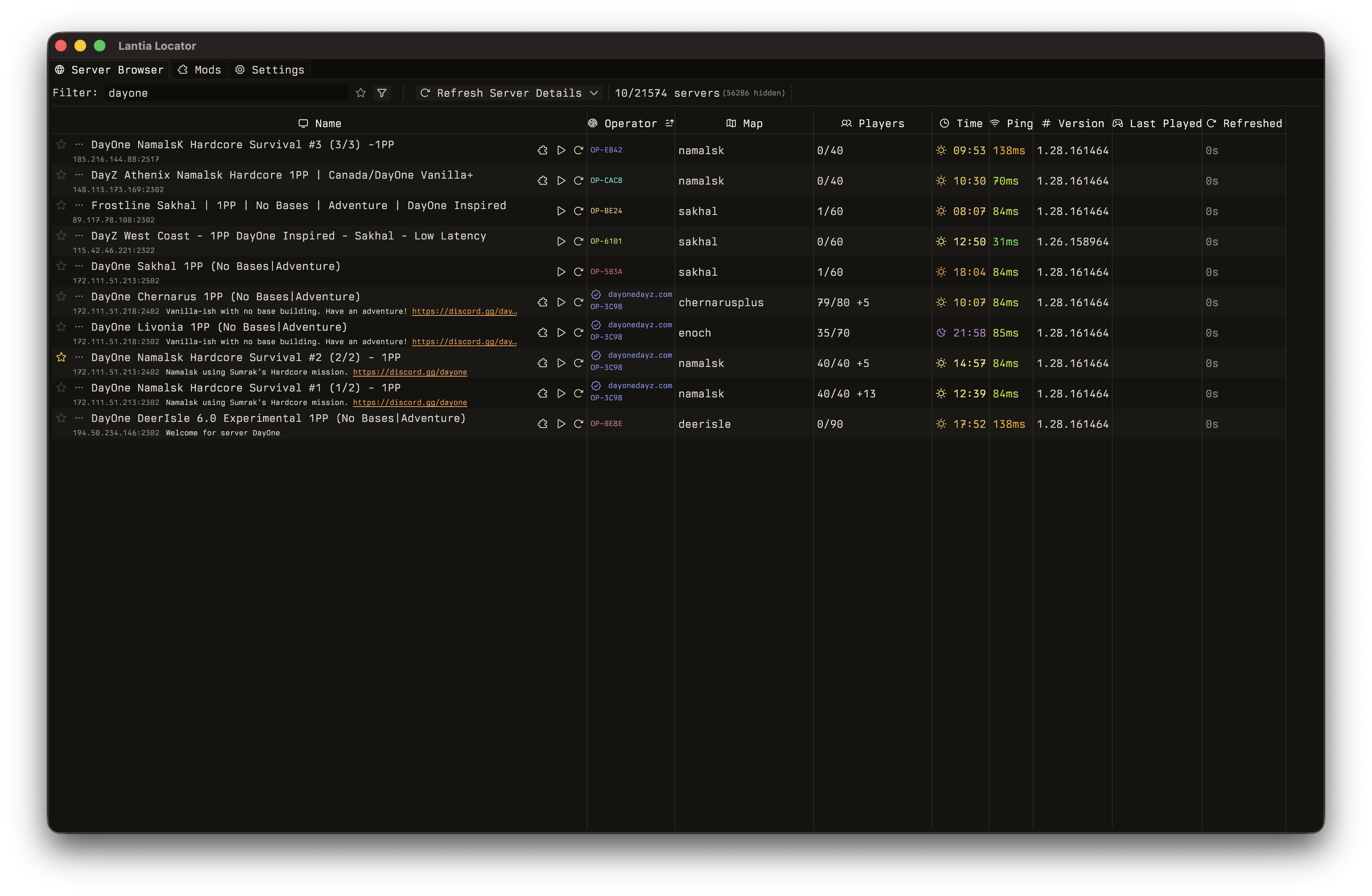Server browser with filtered results and details