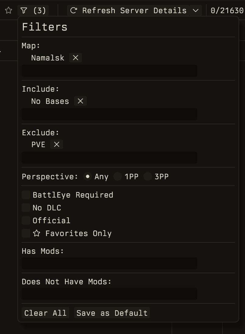 Advanced filtering panel with map, mod, and perspective filters