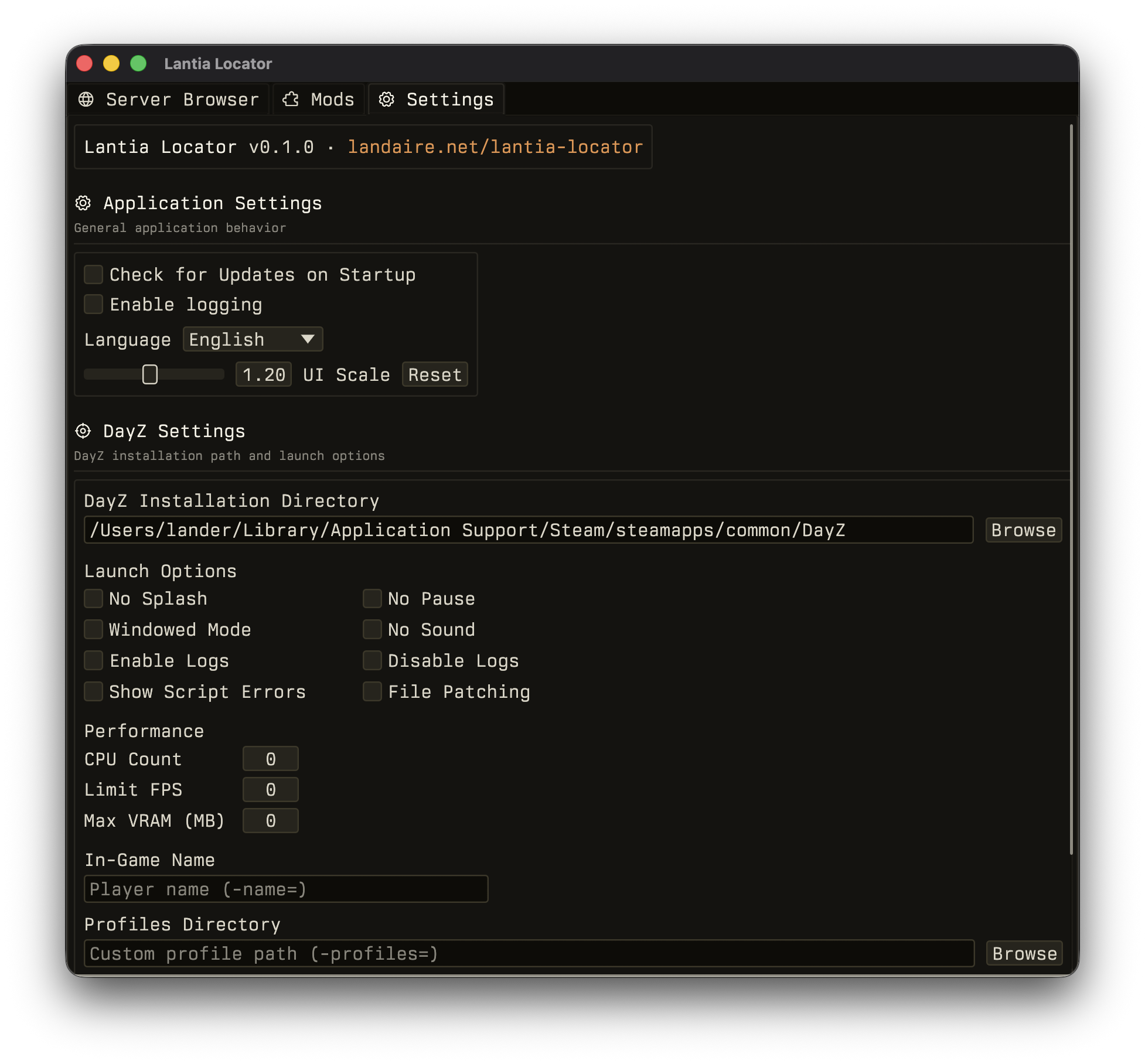 Settings page with DayZ launch options and performance tuning
