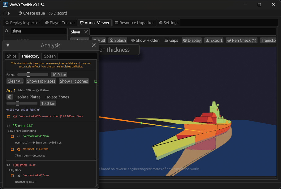 Trajectory analysis showing shell path through armor plates