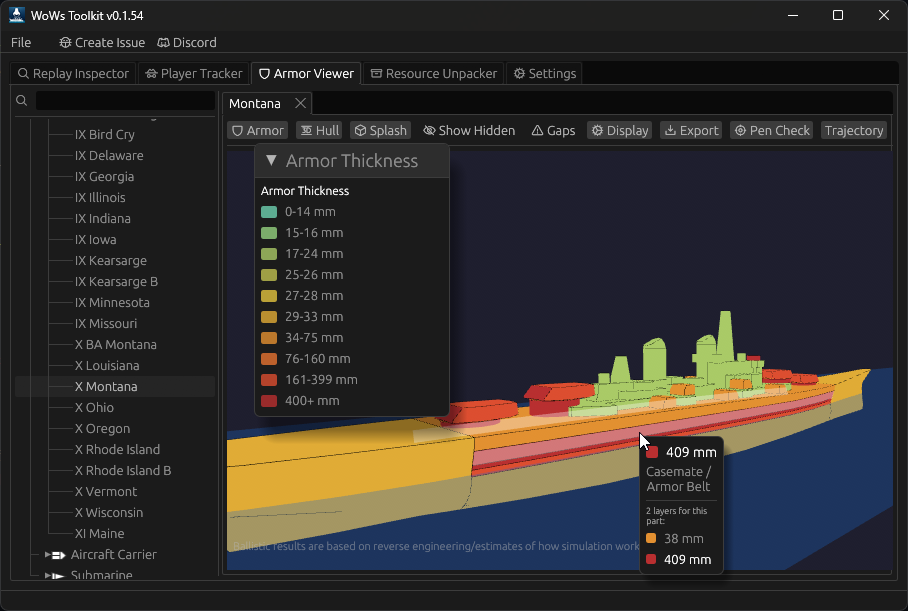 Armor viewer showing color-coded thickness on Montana
